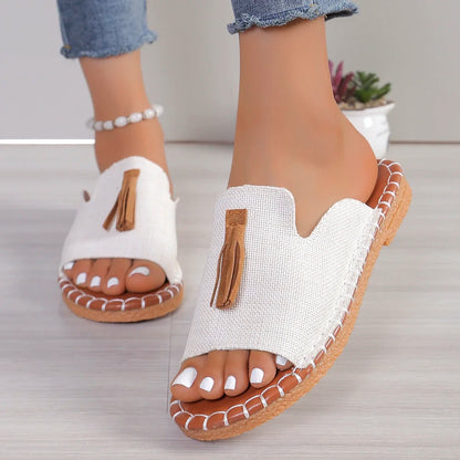 White Tassel Slide Sandals