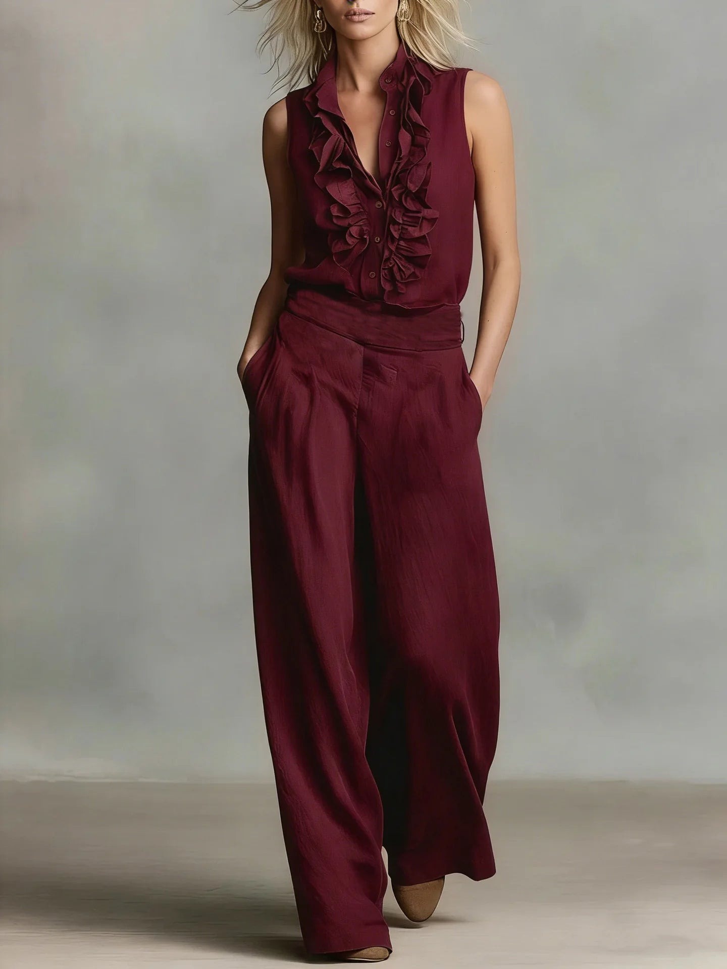 Ruffle sleeveless wide leg jumpsuit
