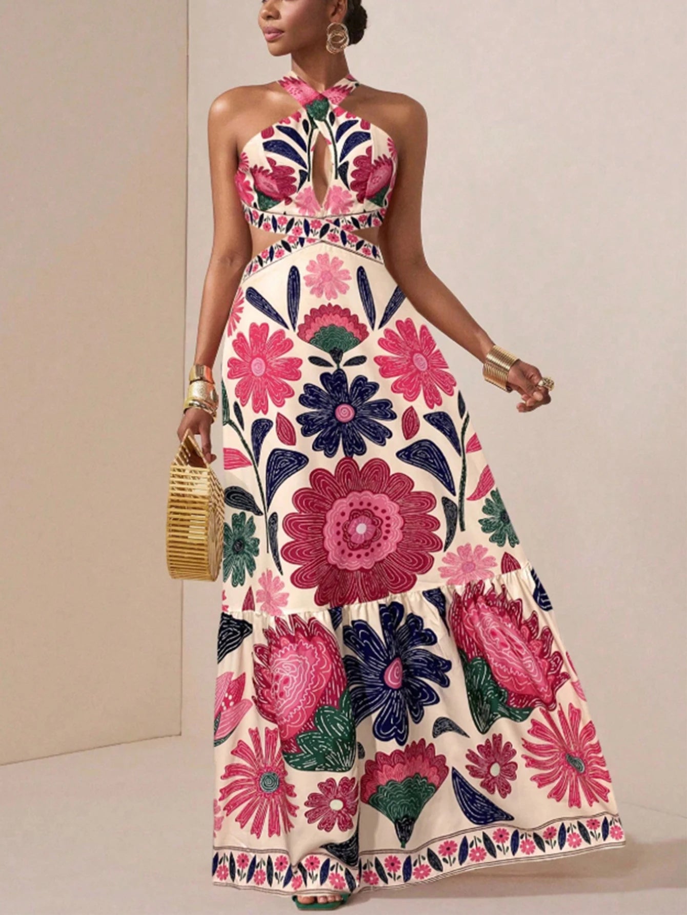 Floral halter cutout maxi dress