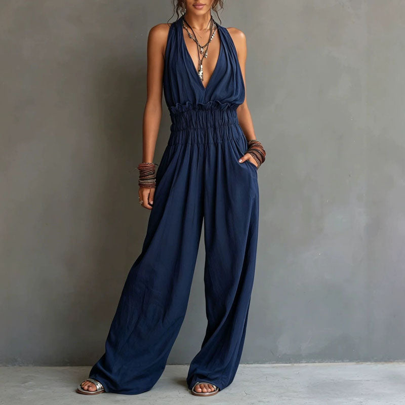 Navy halter wide leg jumpsuit