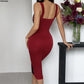 Wine red sleeveless ruched midi dress