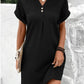 V Neck Mini Dress: Loose Fit Short Sleeve Ribbed Casual Dress