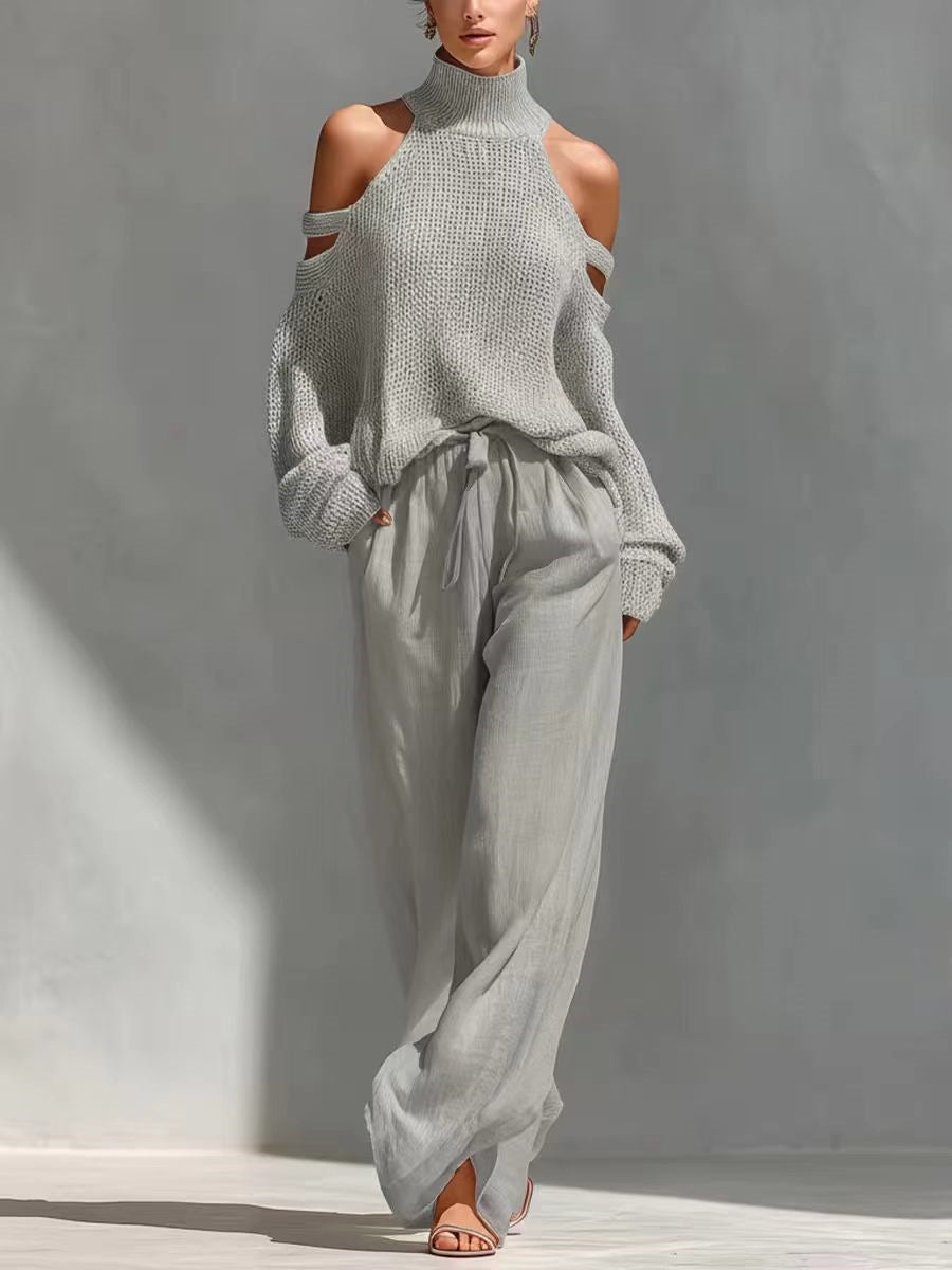 Cold Shoulder Knit Two Piece Set: High Neck Sweater Top and Loose Wide Leg Pants
