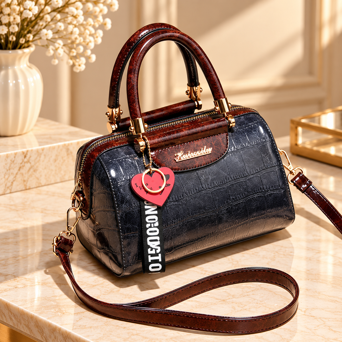 Glossy Crocodile Embossed Handbag