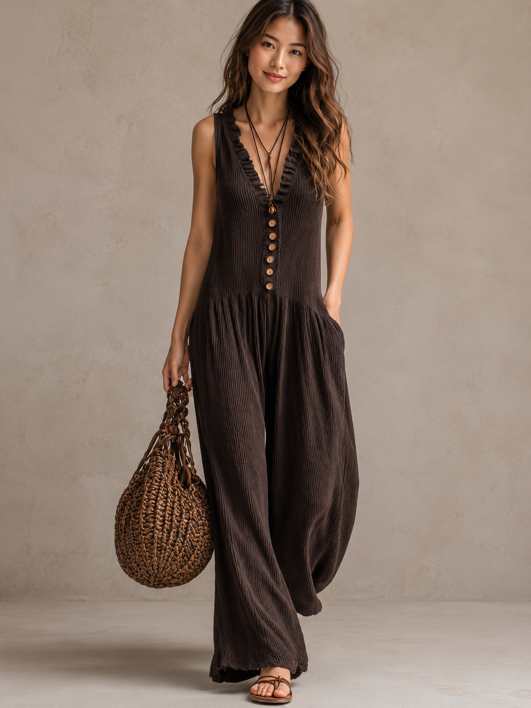 Brown boho sleeveless jumpsuit