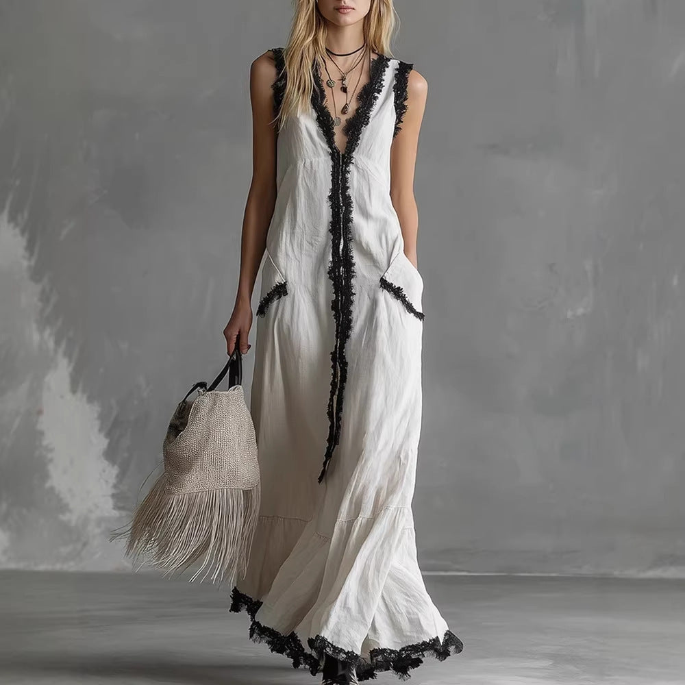 Deep V-Neck Boho Dress: White Lace Trim Long Dress
