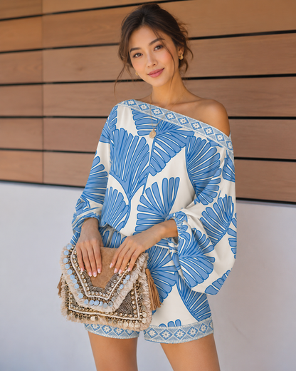 Blue leaf print romper