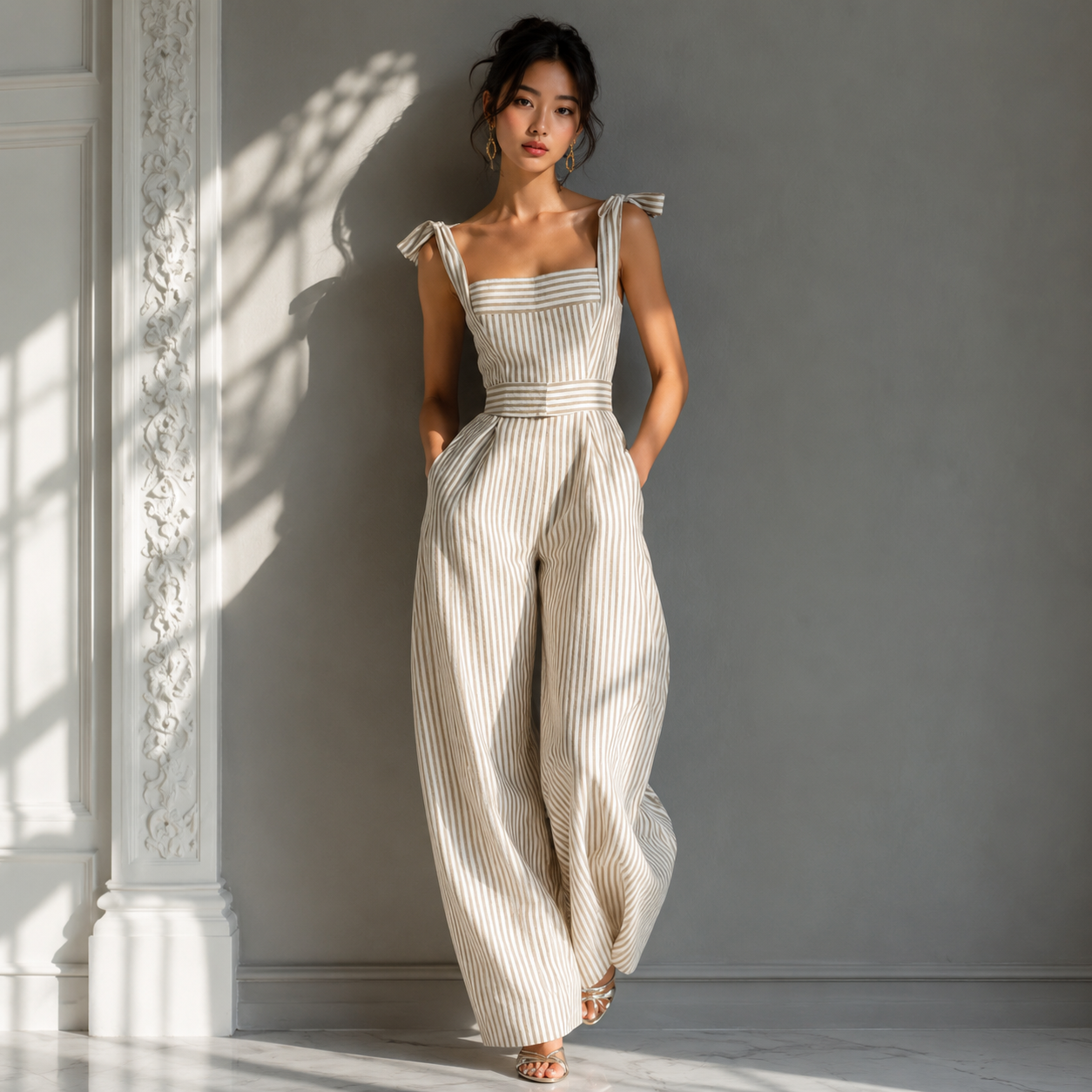 Tie Shoulder Straps Striped Jumpsuit