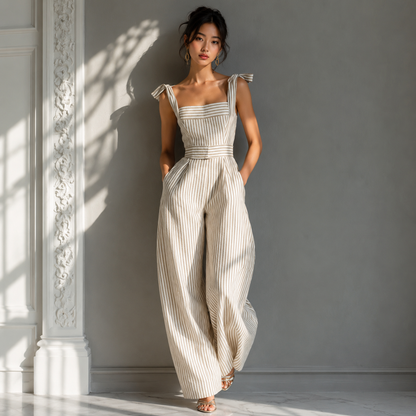 Tie Shoulder Straps Striped Jumpsuit
