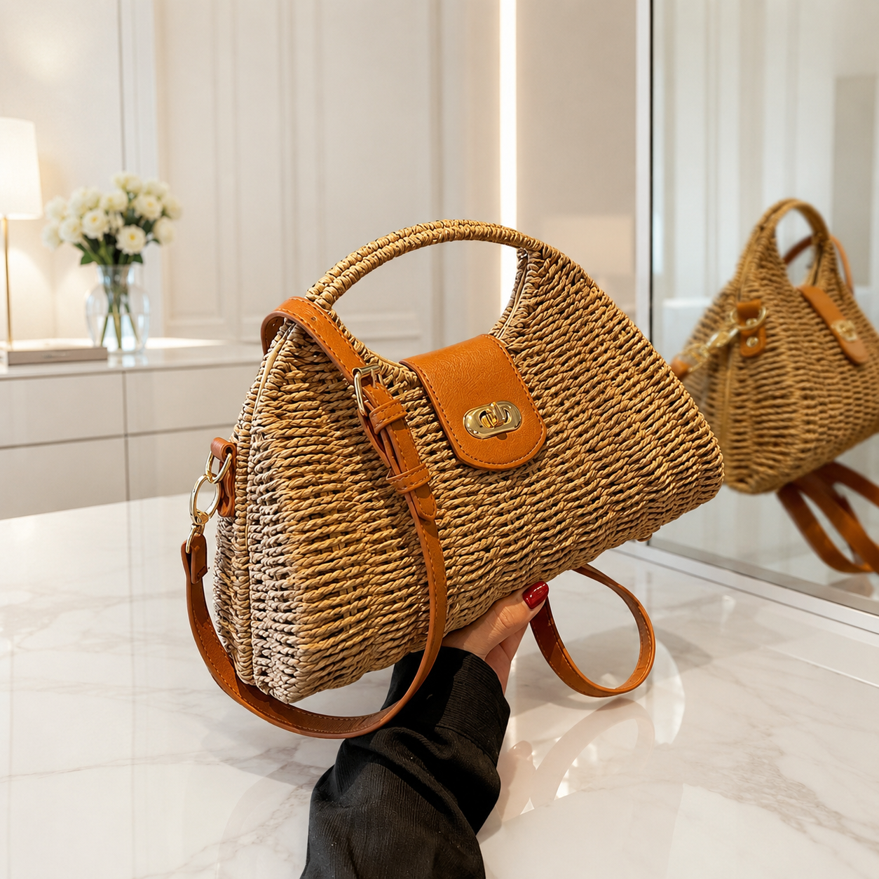 Khaki Straw Top Handle Bag
