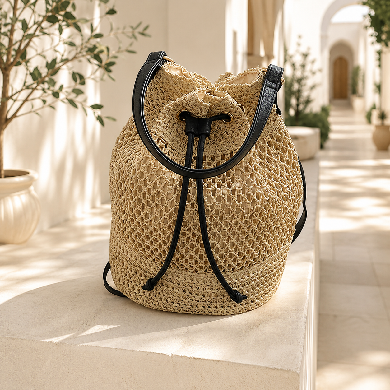 Straw drawstring bucket bag