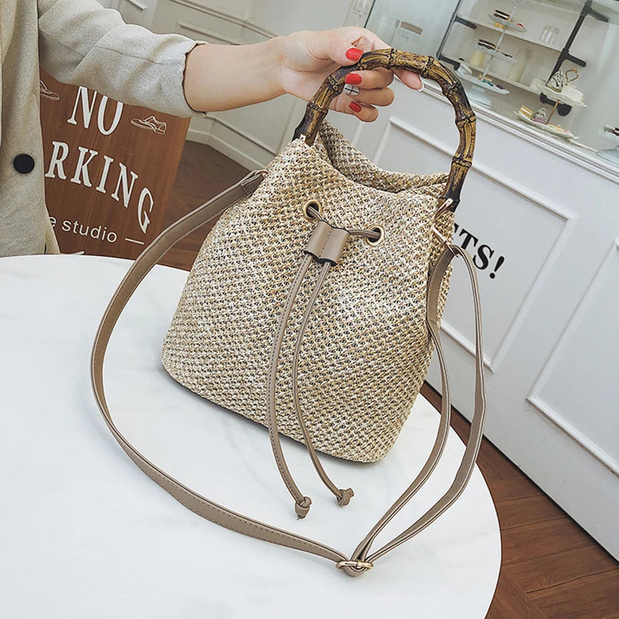 Woven straw bucket bag
