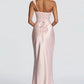 One shoulder pink satin dress back view