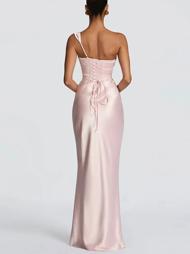 One shoulder pink satin dress back view