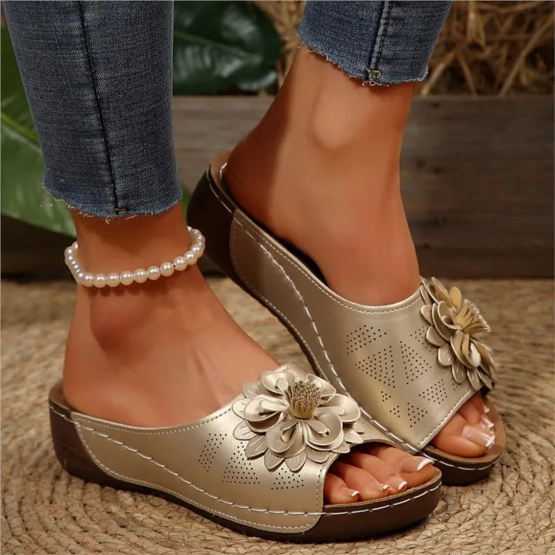 Gold flower wedge sandals