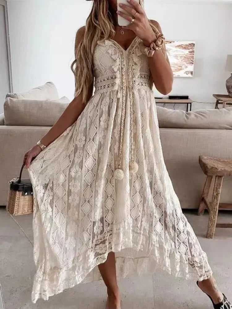 V neck high low boho lace dress