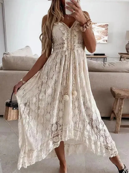 V neck high low boho lace dress