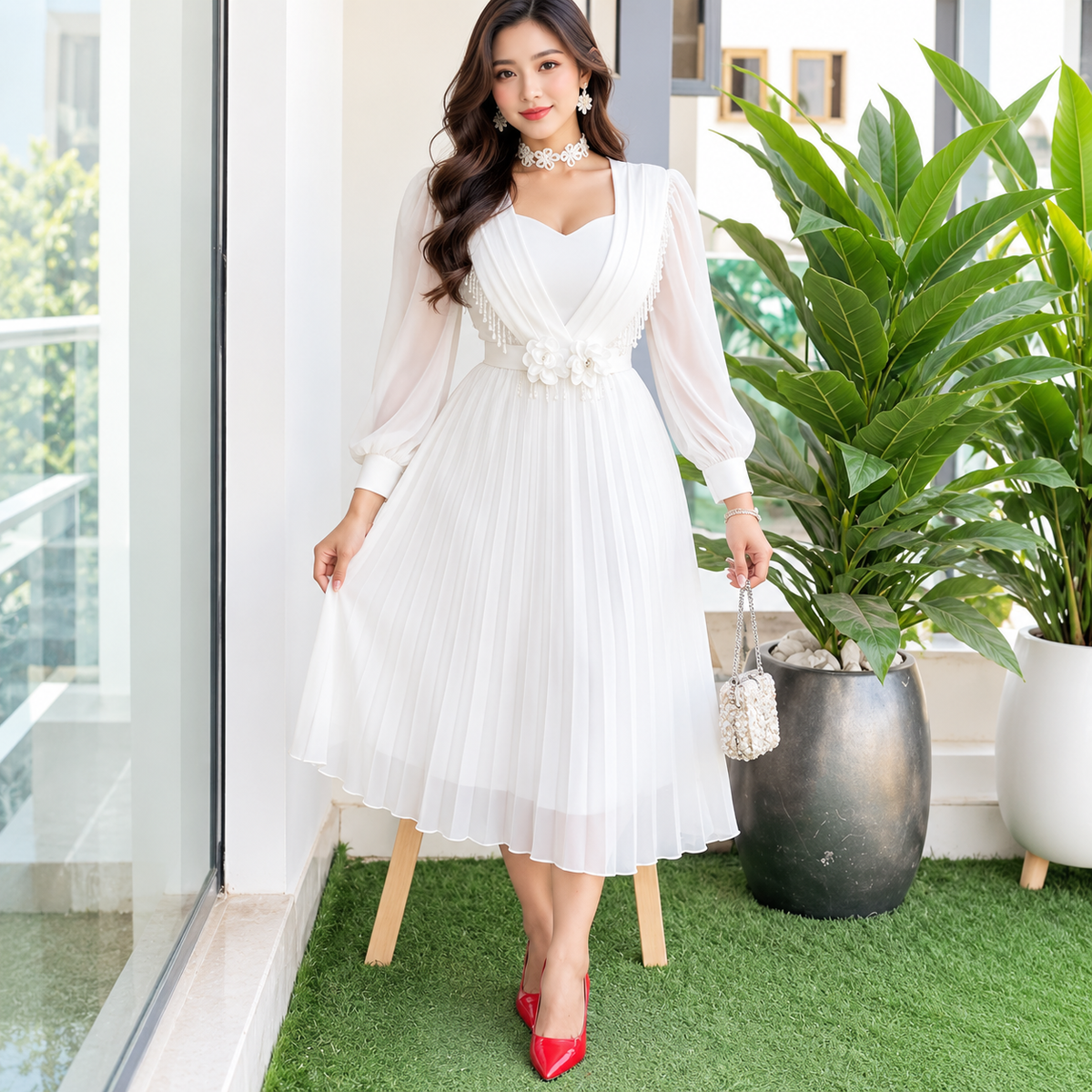 White pleated chiffon dress