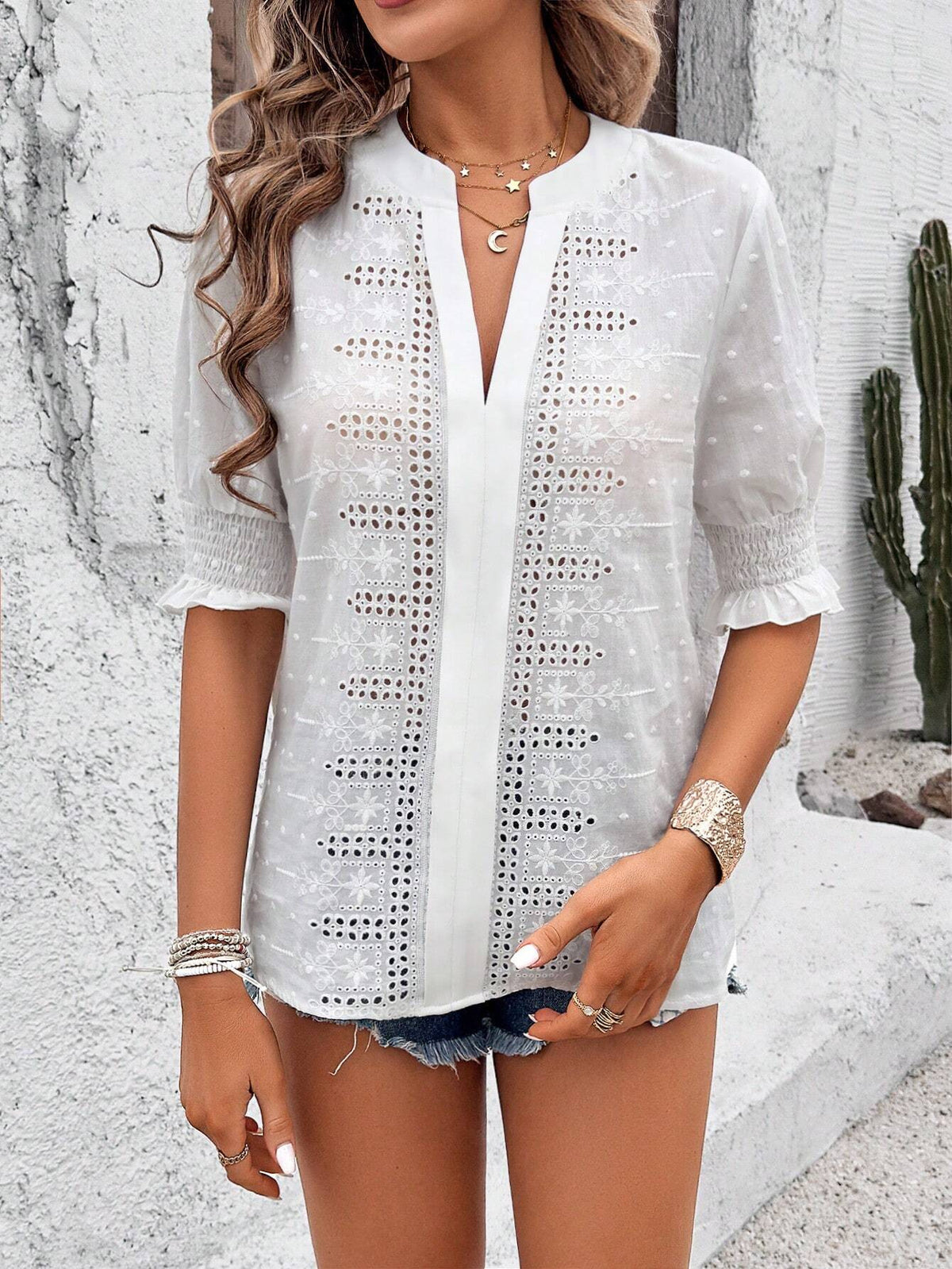 White eyelet embroidered blouse