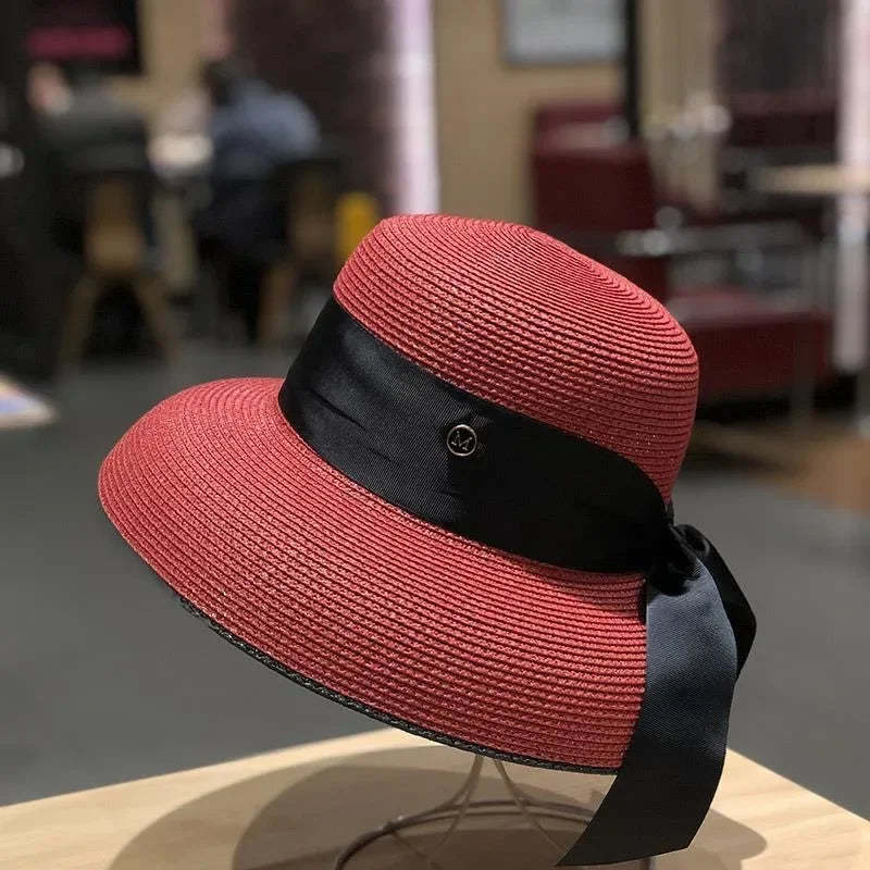 Red bow straw hat