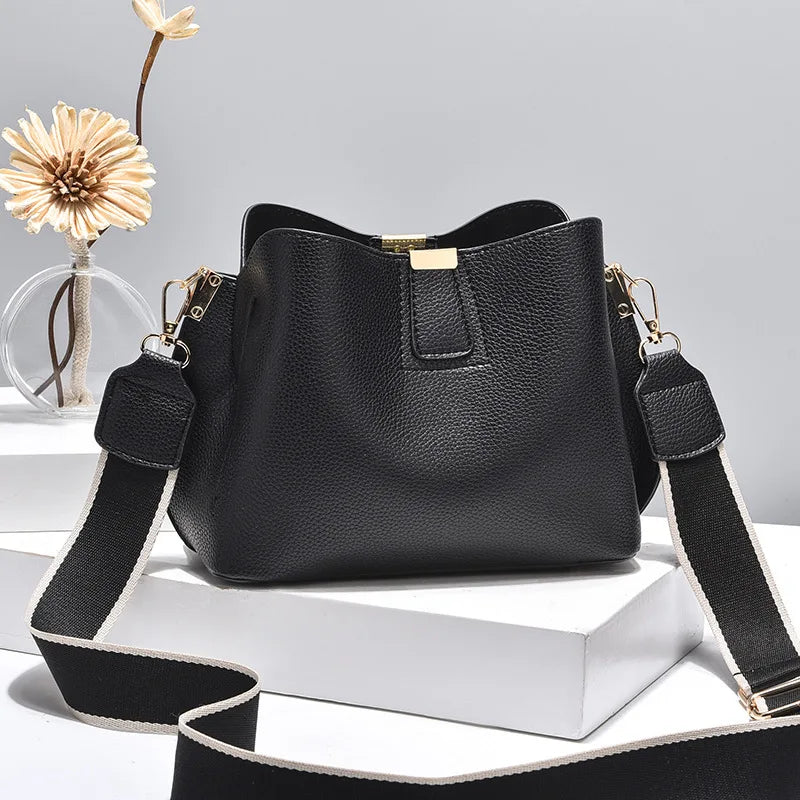 Wide Strap Bucket Crossbody Bag