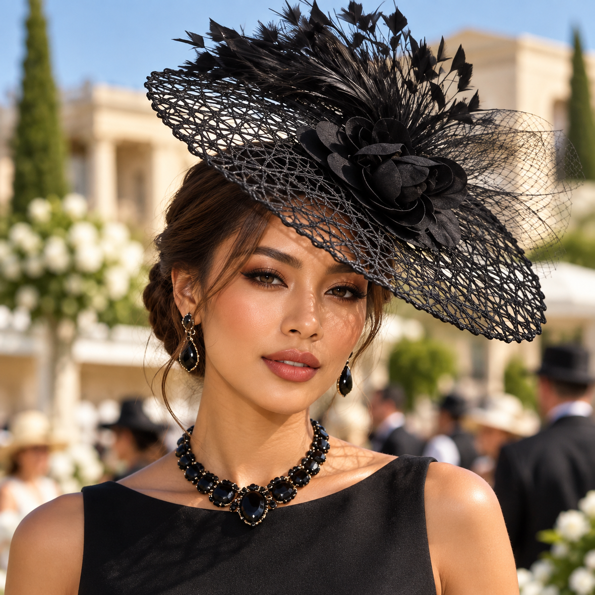 Black floral feather fascinator hat