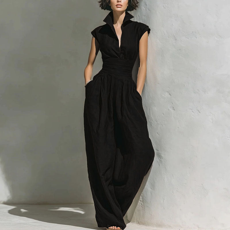 Black wide leg collared jumpsuit