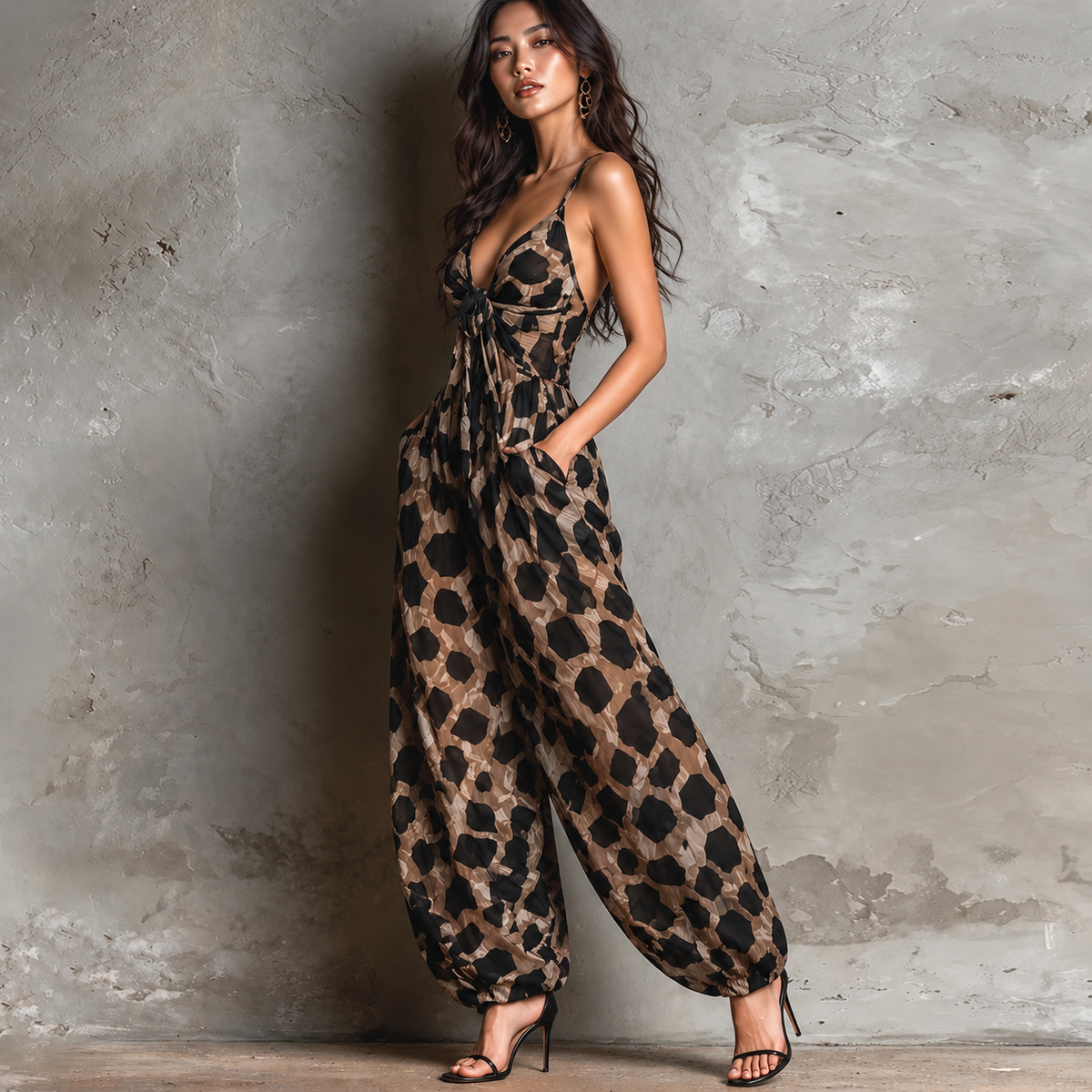 Tie front leopard jumpsuit