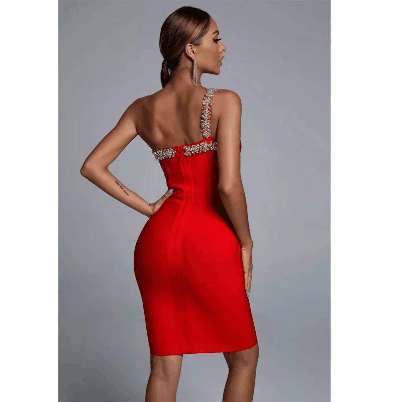 Red cross-shoulder strap dress  back view