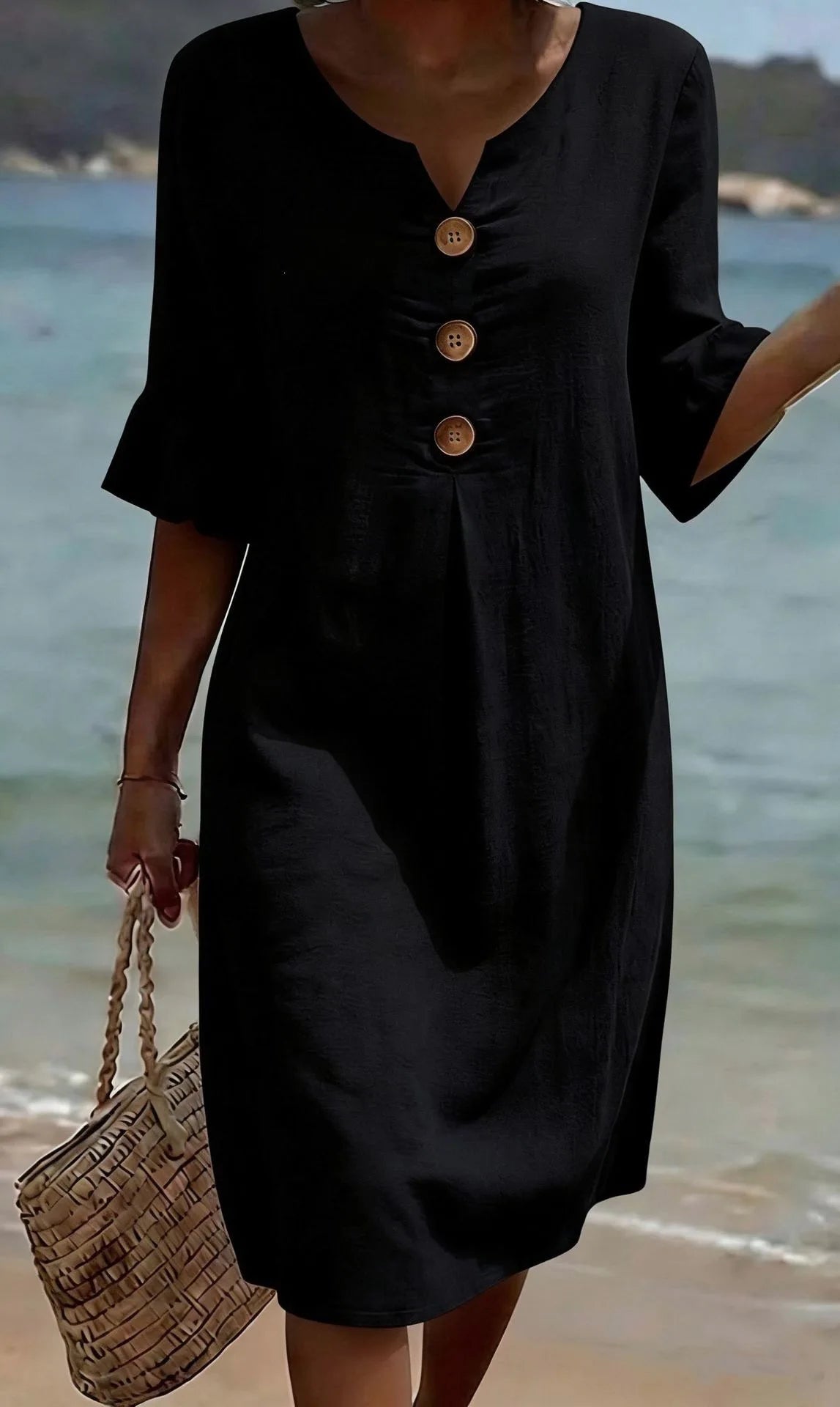 Black button front dress
