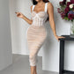 White ruched mesh corset midi dress