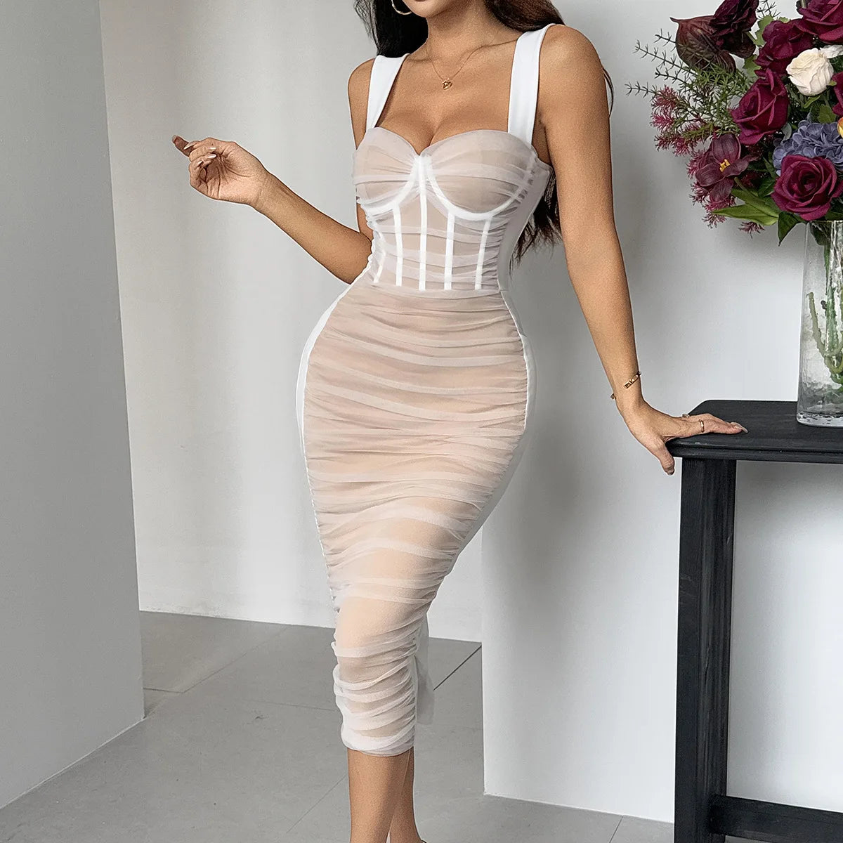 White ruched mesh corset midi dress