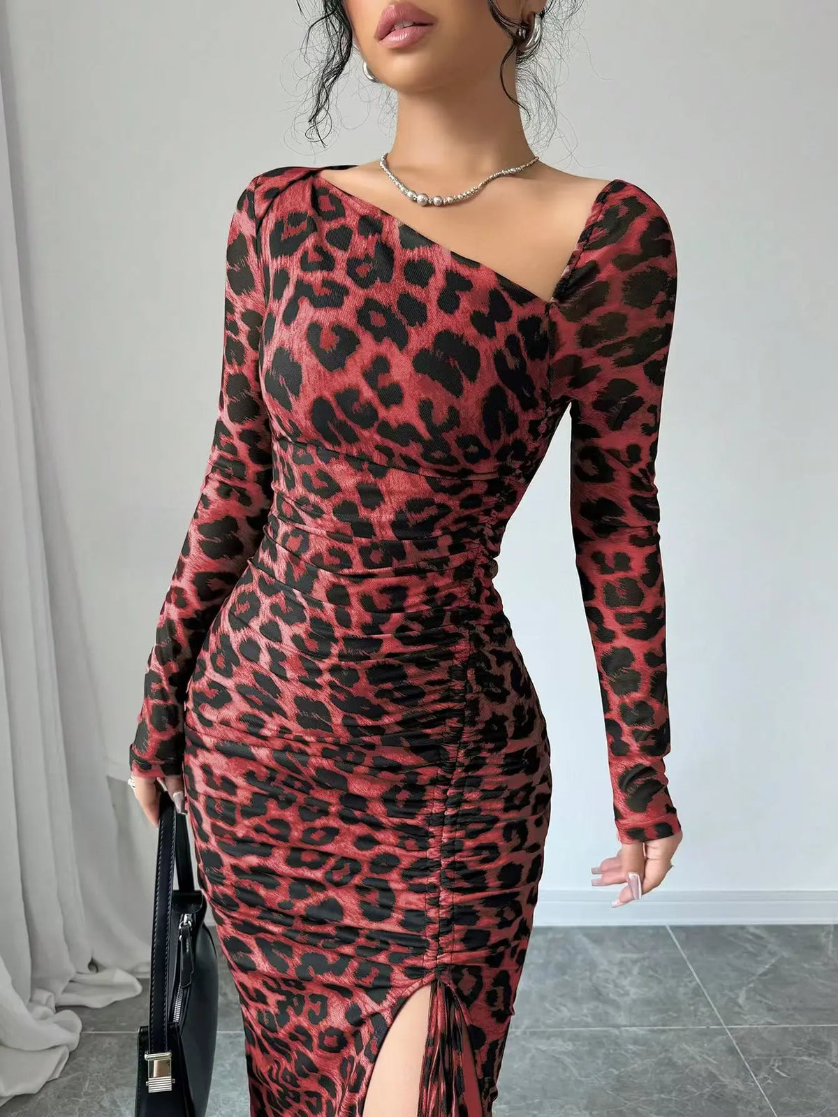 Red leopard midi dress