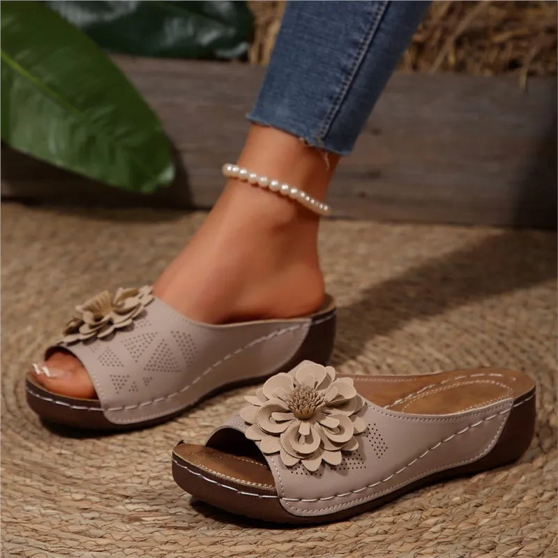 Beige floral slide sandals