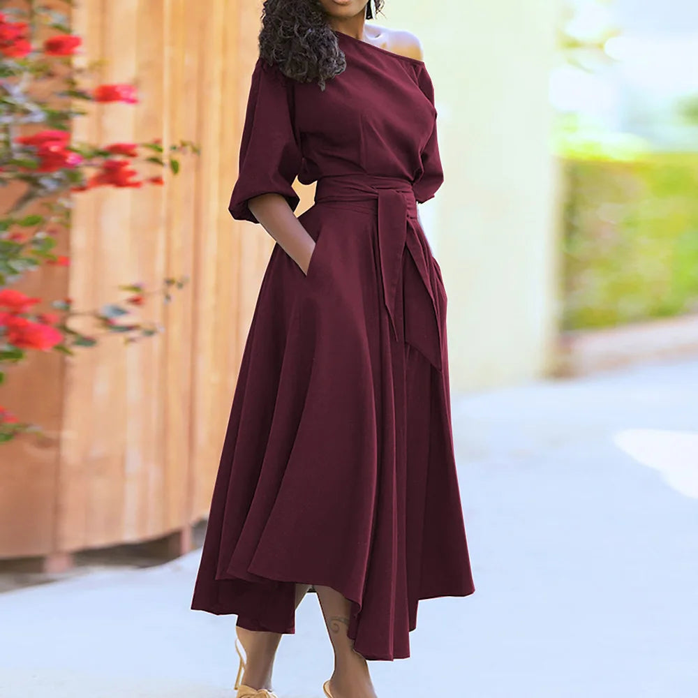 Burgundy belted long dress