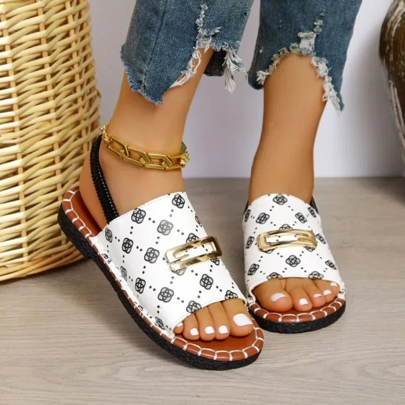 White Printed Slingback Sandals