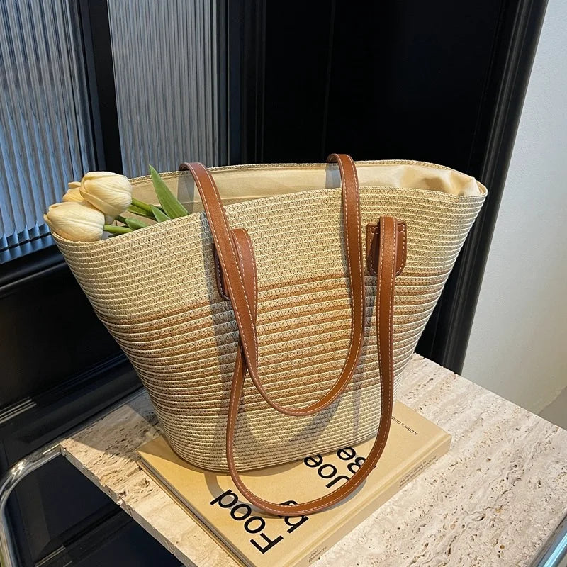 Beige Straw Beach Tote