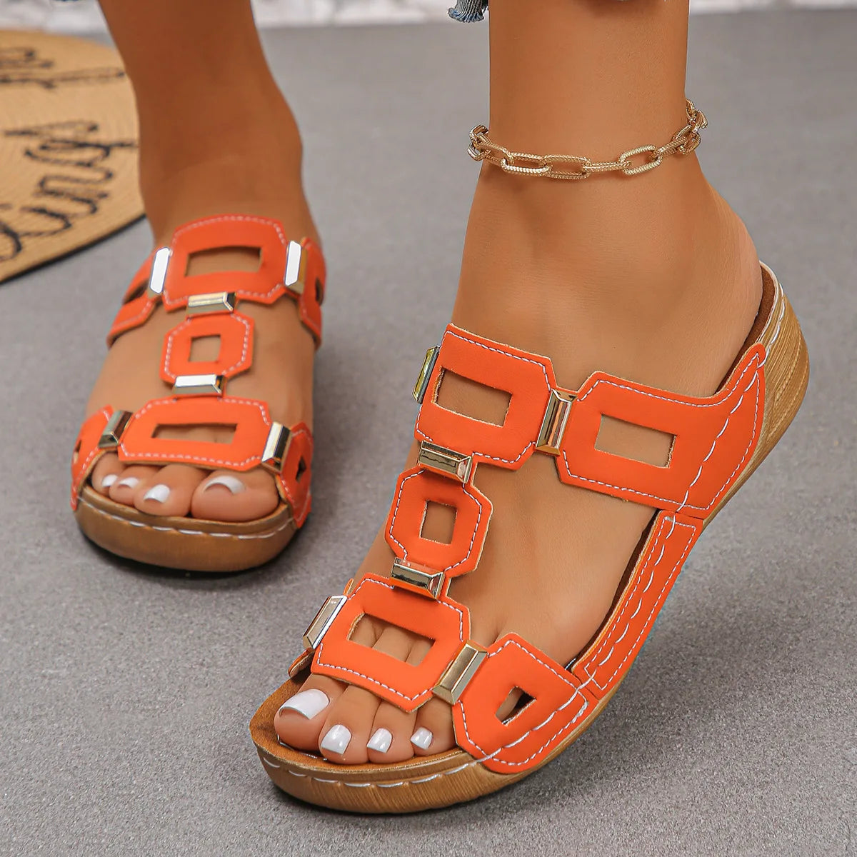 Orange T-strap casual sandals