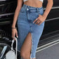 Blue jean skirt front slit
