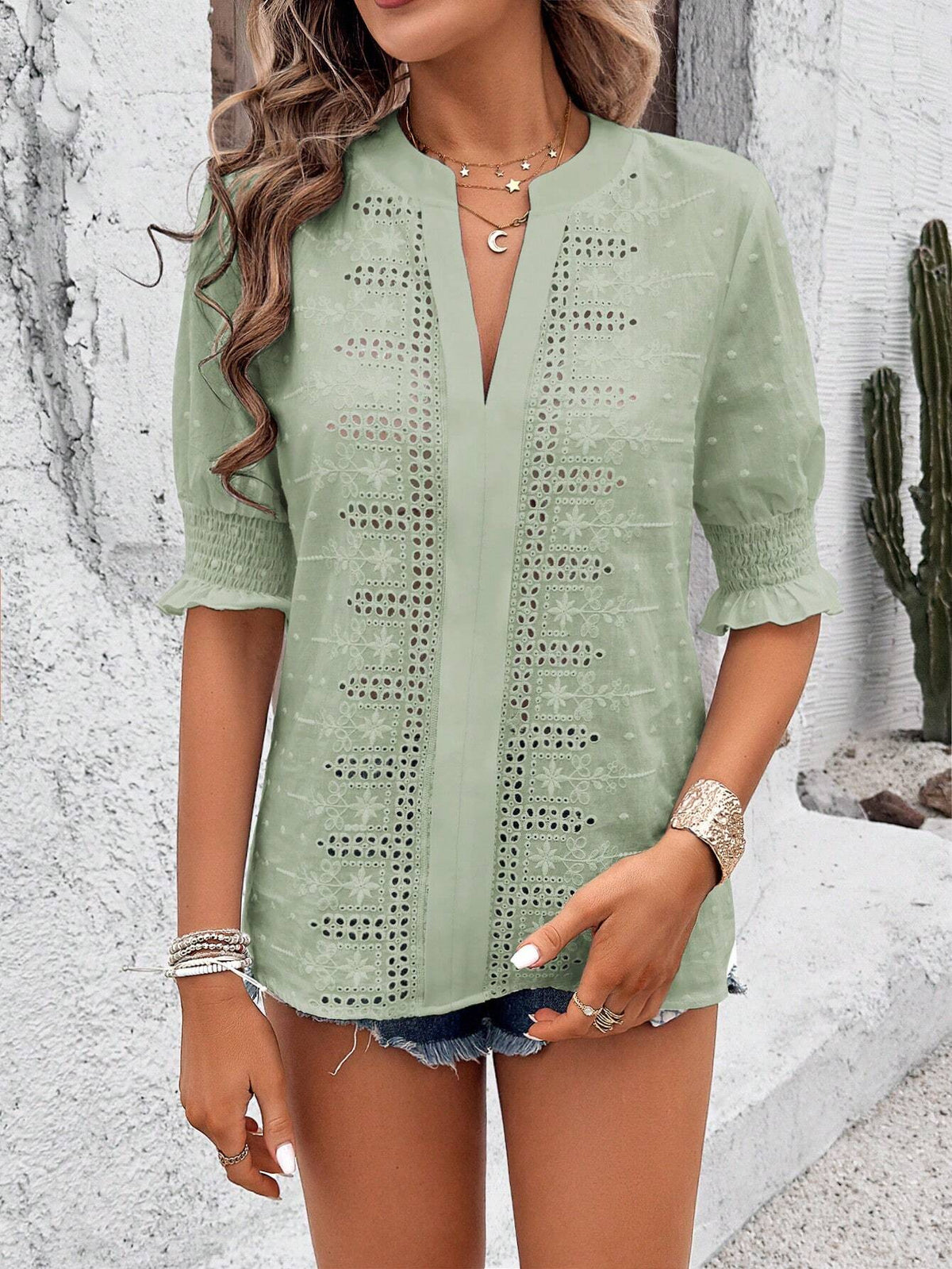 Sage green eyelet embroidered blouse