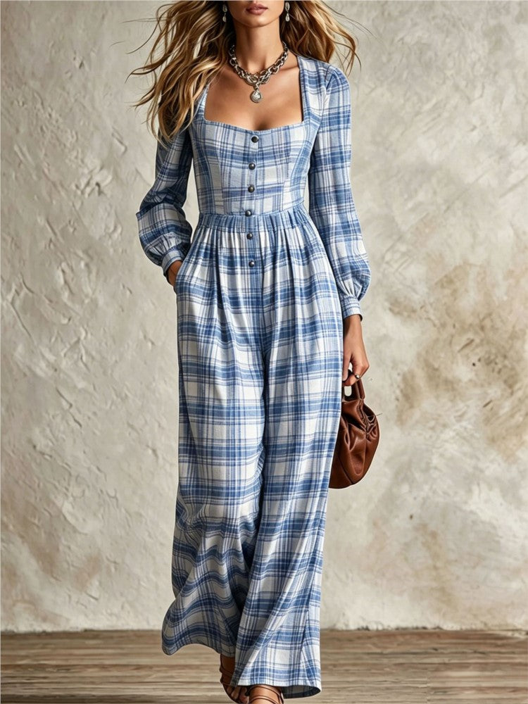 Blue plaid long sleeve jumpsuit