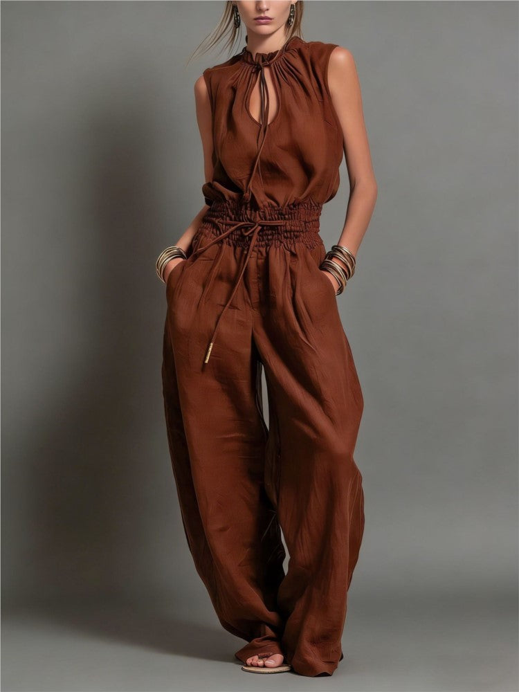 Brown sleeveless wide leg jumpsuit