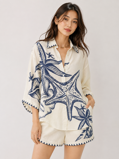 Cream tropical print shirt shorts set
