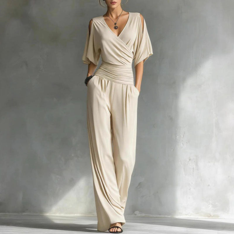 Cream wrap wide leg jumpsuit