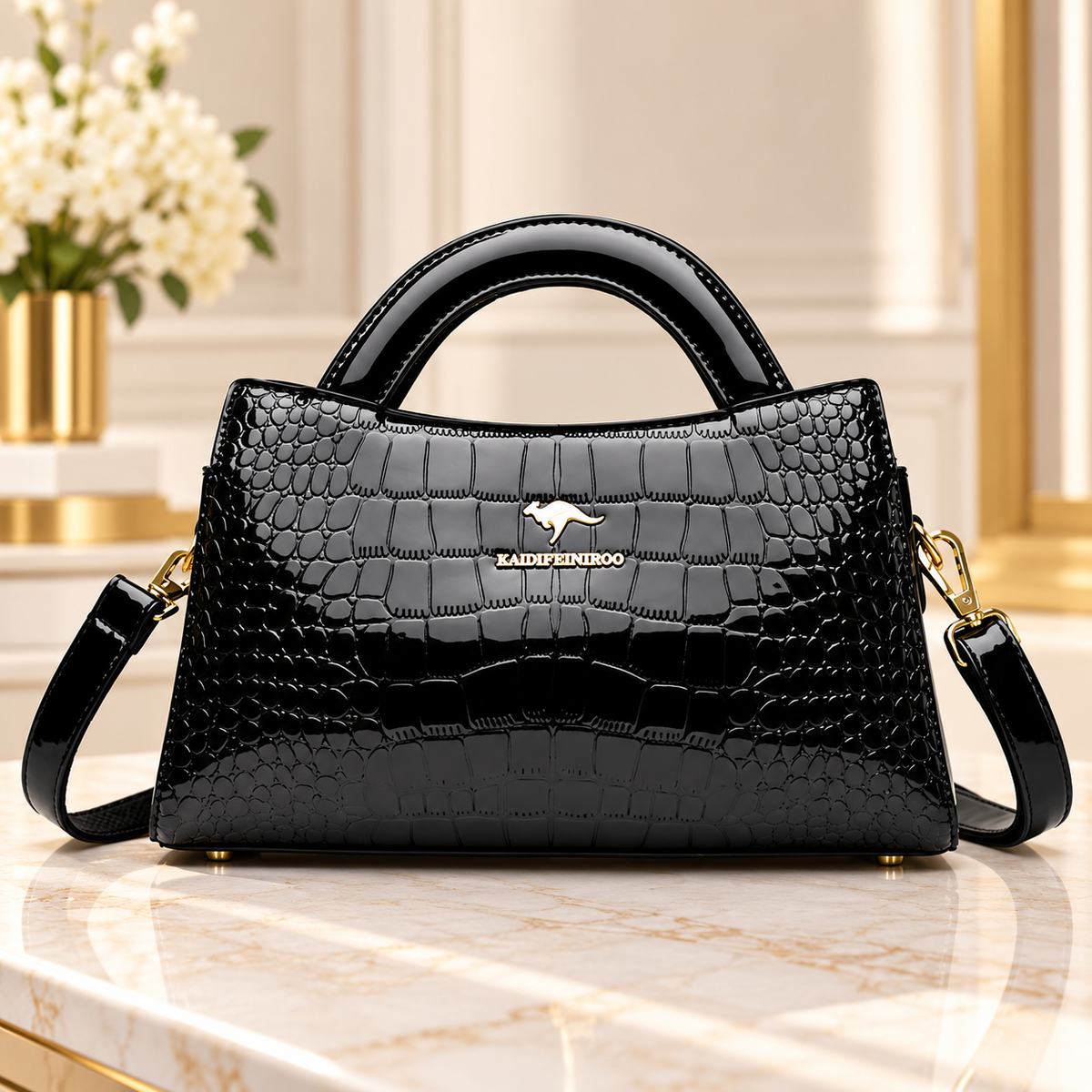 Black crocodile embossed handbag