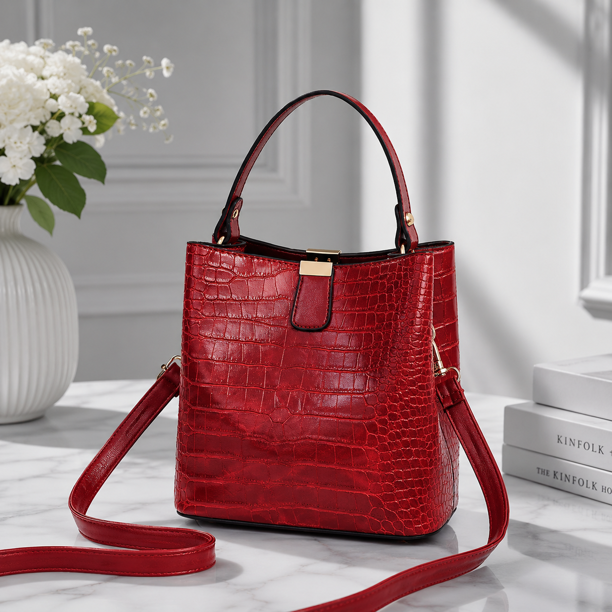 Crocodile embossed bucket handbag