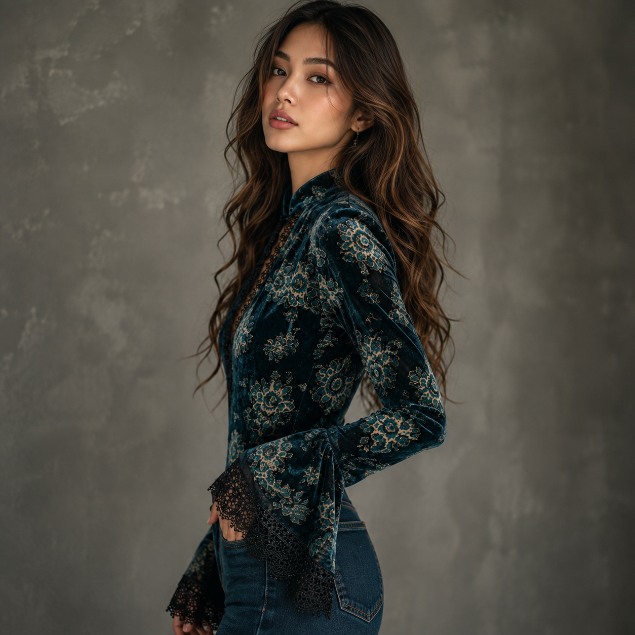 floral velvet V-neck top