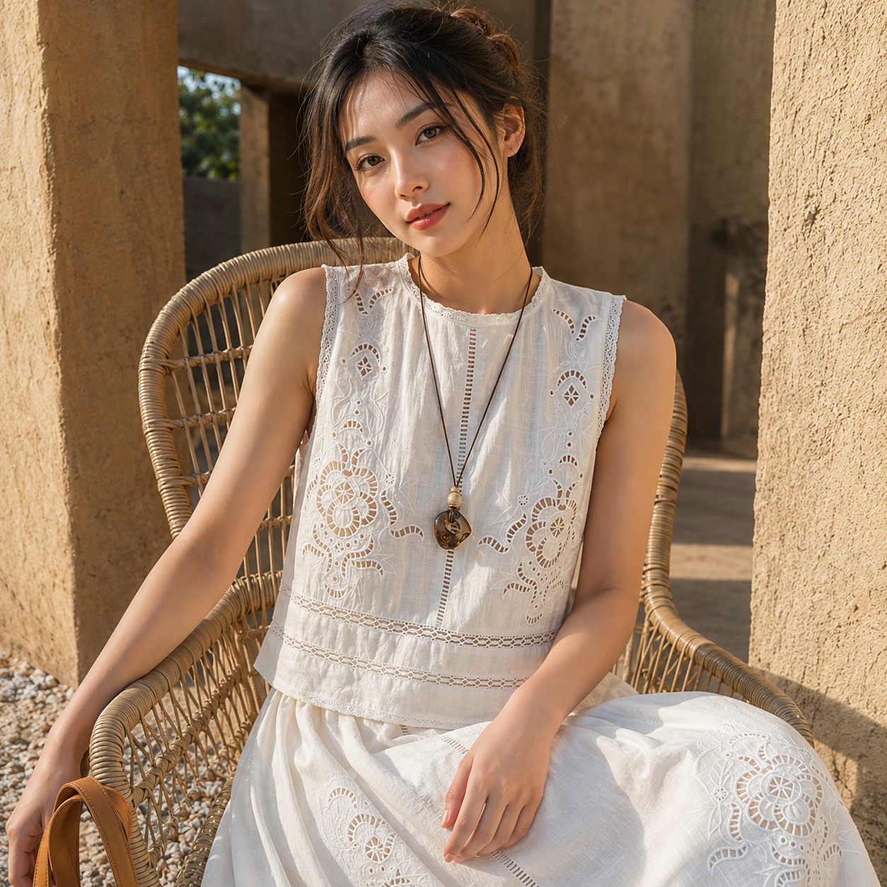White eyelet lace sleeveless blouse