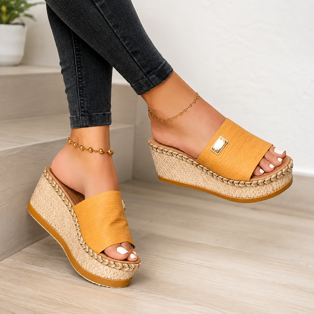 Open toe platform slides
