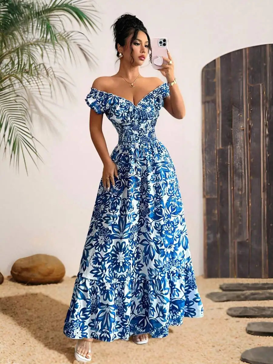 Blue white floral maxi dress